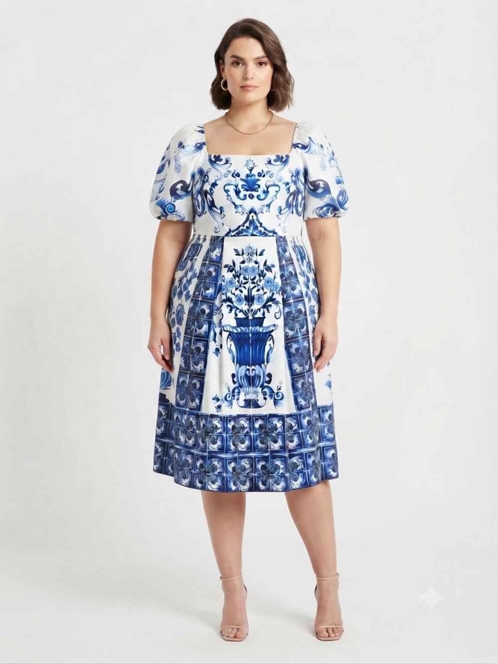 One & One Blue White Tile Print Puff Sleeve Dress Women's 4XL Mediterranean Chic